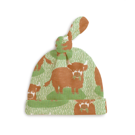 Knotted Baby Hat - Highland Cows Green