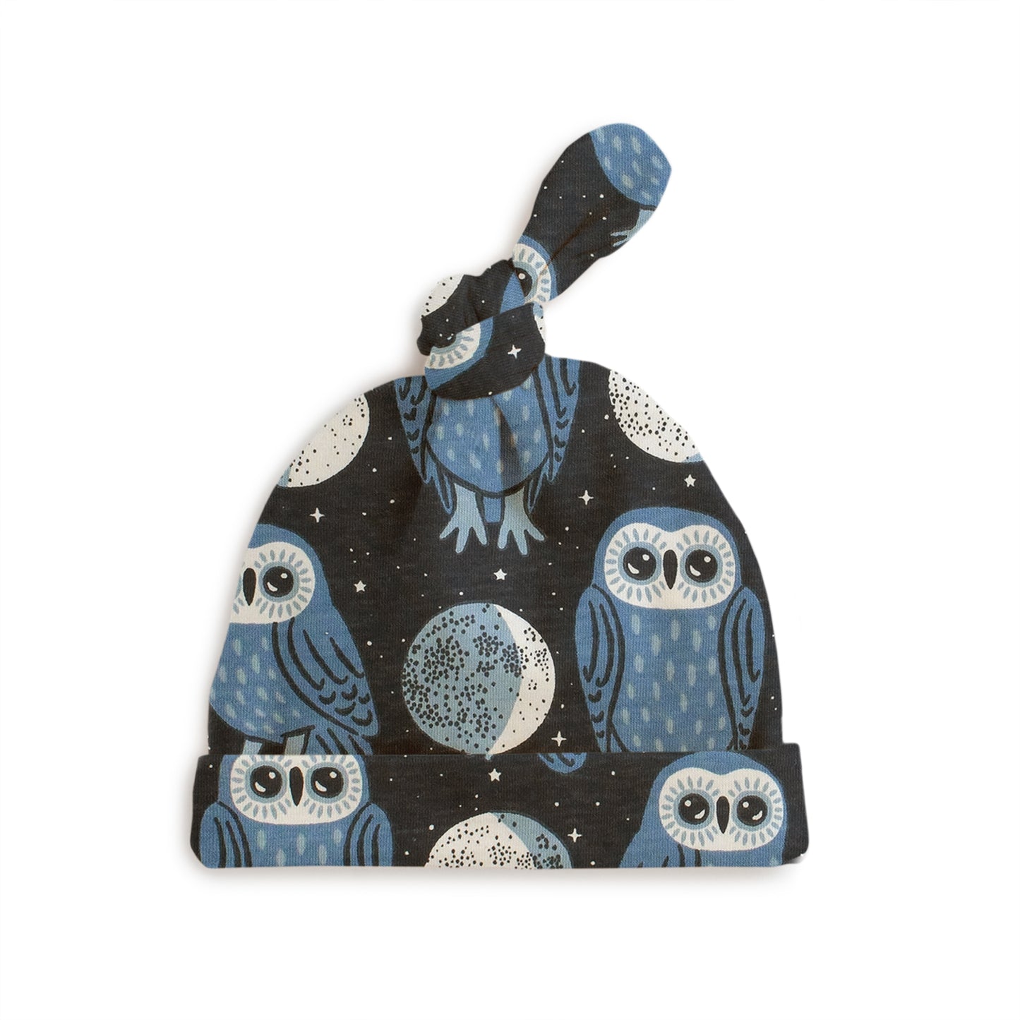 Knotted Baby Hat - Midnight Owls Charcoal & Blue