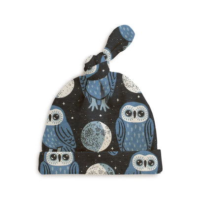 Knotted Baby Hat - Midnight Owls Charcoal & Blue