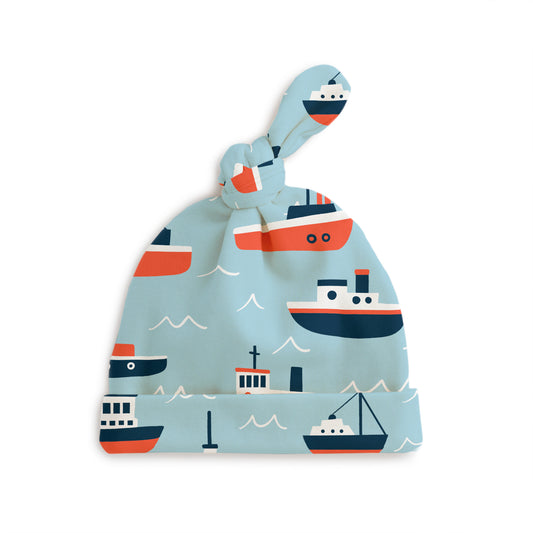 Knotted Baby Hat - Tugboats Pale Blue
