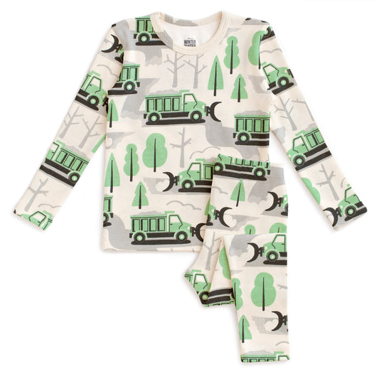 Kids Pajama Set - Snow Plows Green