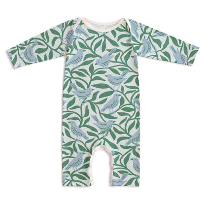 Long-Sleeve Romper - Birds on Branches Blue & Green