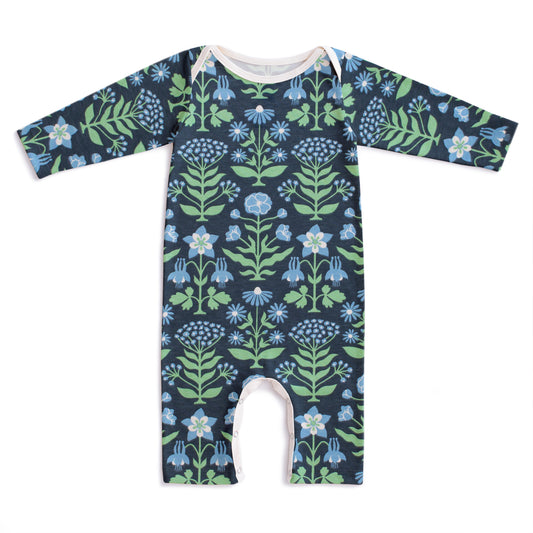 Long-Sleeve Romper - Blockprint Floral Blue & Green