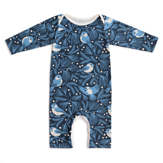 Long-Sleeve Romper - Chickadees Navy & Blue