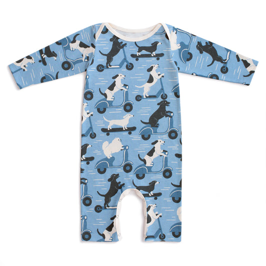 Long-Sleeve Romper - Dogs on Scooters Blue