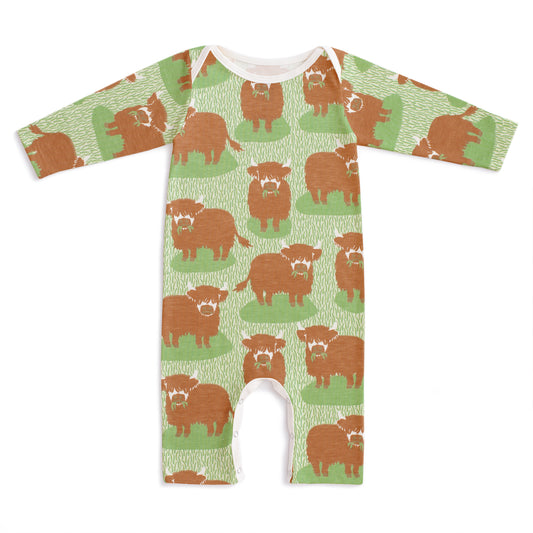 Long-Sleeve Romper - Highland Cows Green