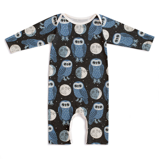 Long-Sleeve Romper - Midnight Owls Charcoal & Blue