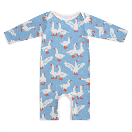 Long-Sleeve Romper - Silly Geese Blue