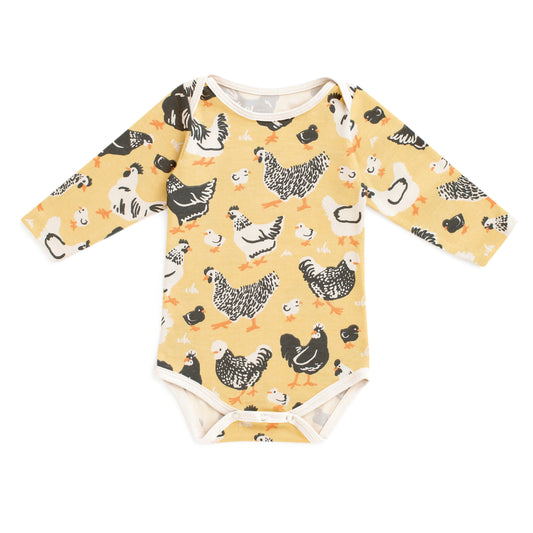 Long Sleeve Snapsuit - Chicken Family Yellow