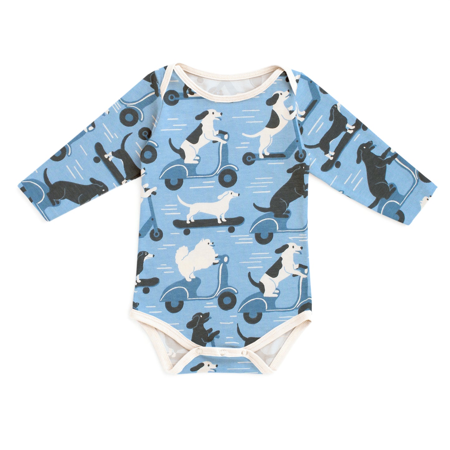 Long Sleeve Snapsuit - Dogs on Scooters Blue