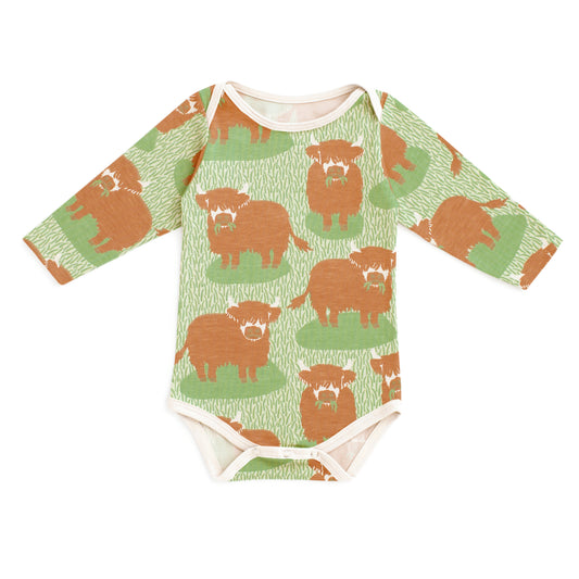 Long Sleeve Snapsuit - Highland Cows Green