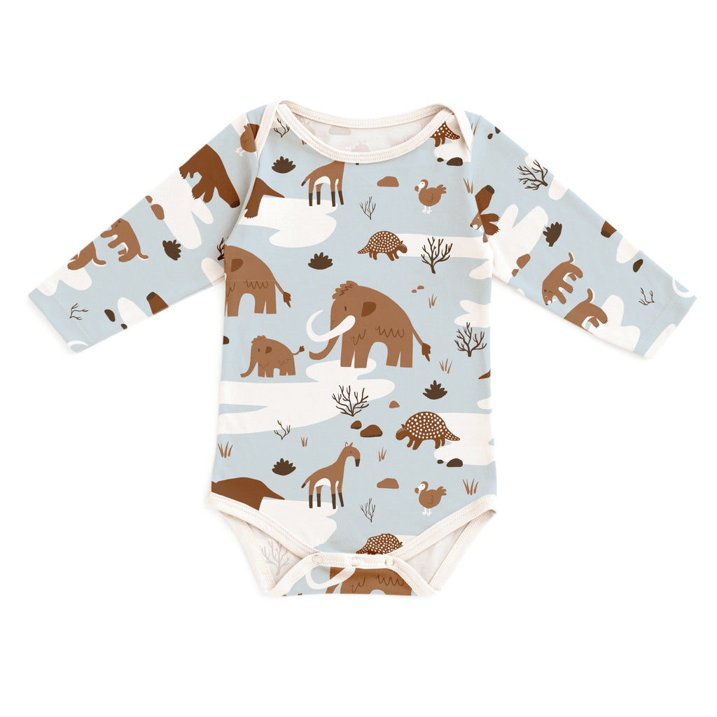 Long-Sleeve Snapsuit - Ice Age Animals Pale Blue