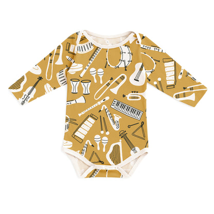 Long-Sleeve Snapsuit - Musical Instruments Ochre