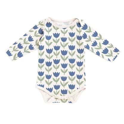 Long-Sleeve Snapsuit - Tulips Blue
