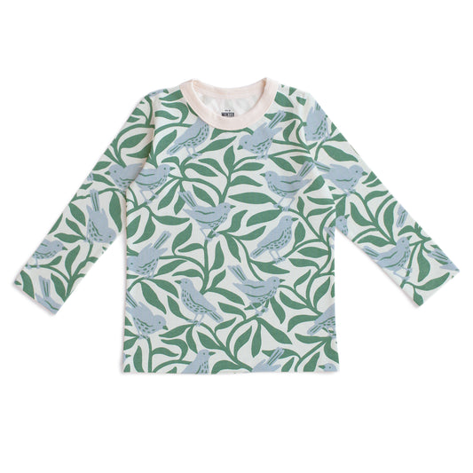 Long-Sleeve Tee - Birds on Branches Blue & Green