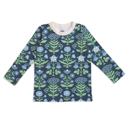Long-Sleeve Tee - Blockprint Floral Blue & Green