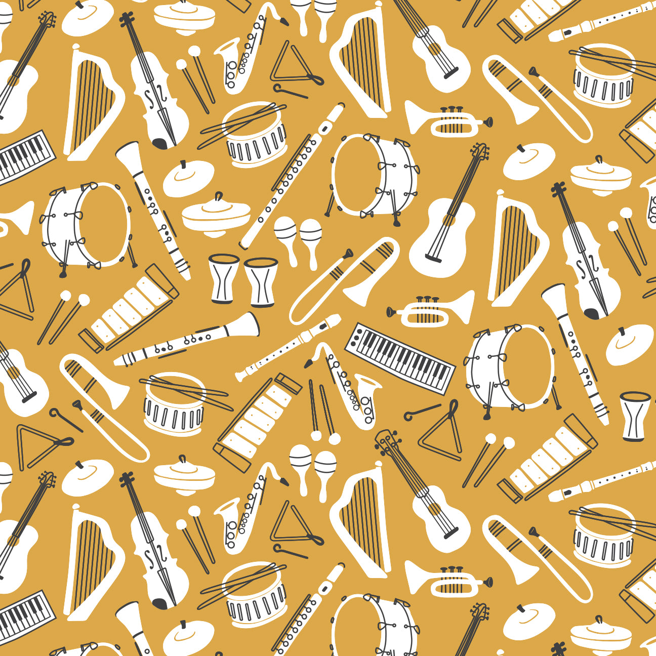 Short Sleeve Snapsuit - Musical Instruments Ochre