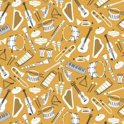 Short Sleeve Snapsuit - Musical Instruments Ochre