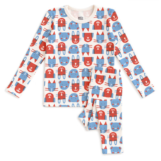 Kids Pajama Set - Furry Friends Red & Blue