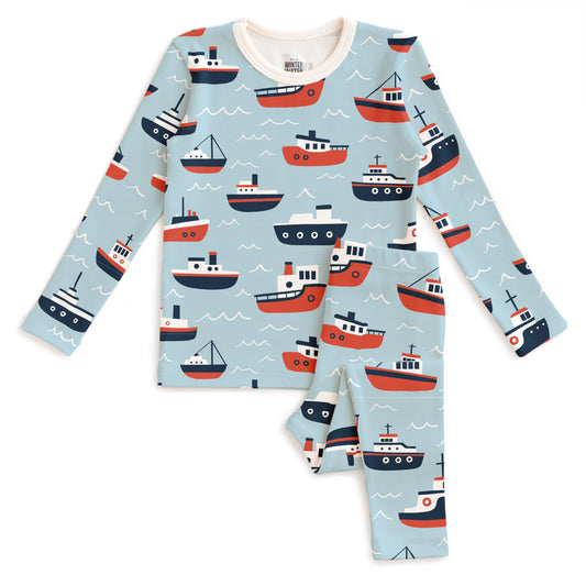 Kids Pajama Set - Tugboats Pale Blue