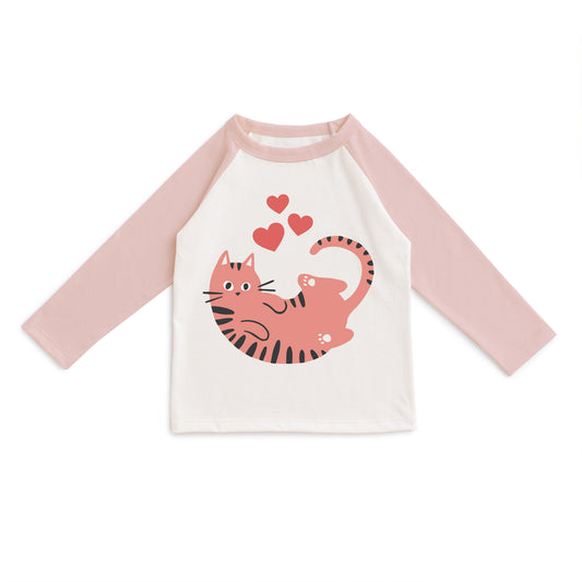 3/4 Sleeve Baseball Tee - Pink & Natural Love Cat