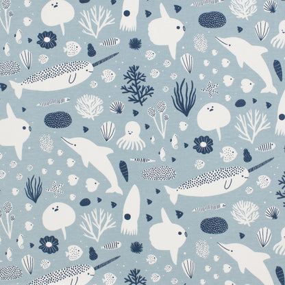 French Terry Blanket - Sea Creatures Pale Blue & Navy