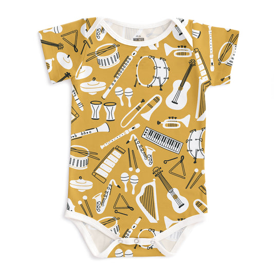 Short Sleeve Snapsuit - Musical Instruments Ochre