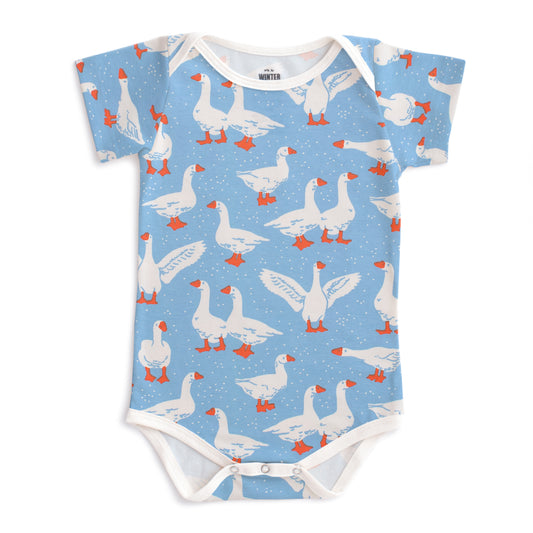 Short Sleeve Snapsuit - Silly Geese Blue