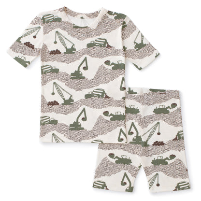 Kids Summer Pajama Set - Construction Forest Green