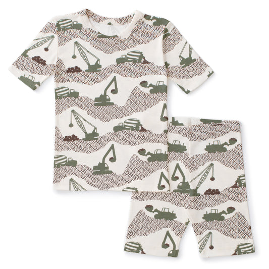 Kids Summer Pajama Set - Construction Forest Green
