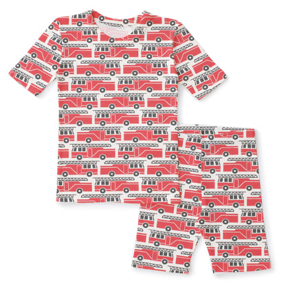 Kids Summer Pajama Set - Firetrucks Red