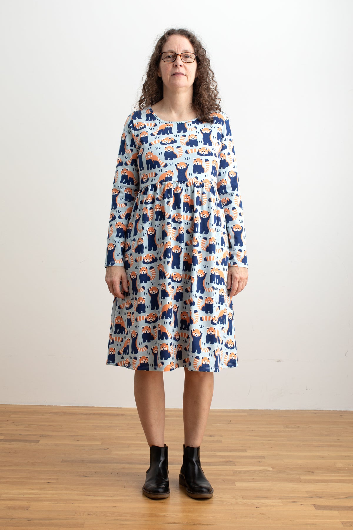 Copenhagen Dress - Red Pandas Pale Blue