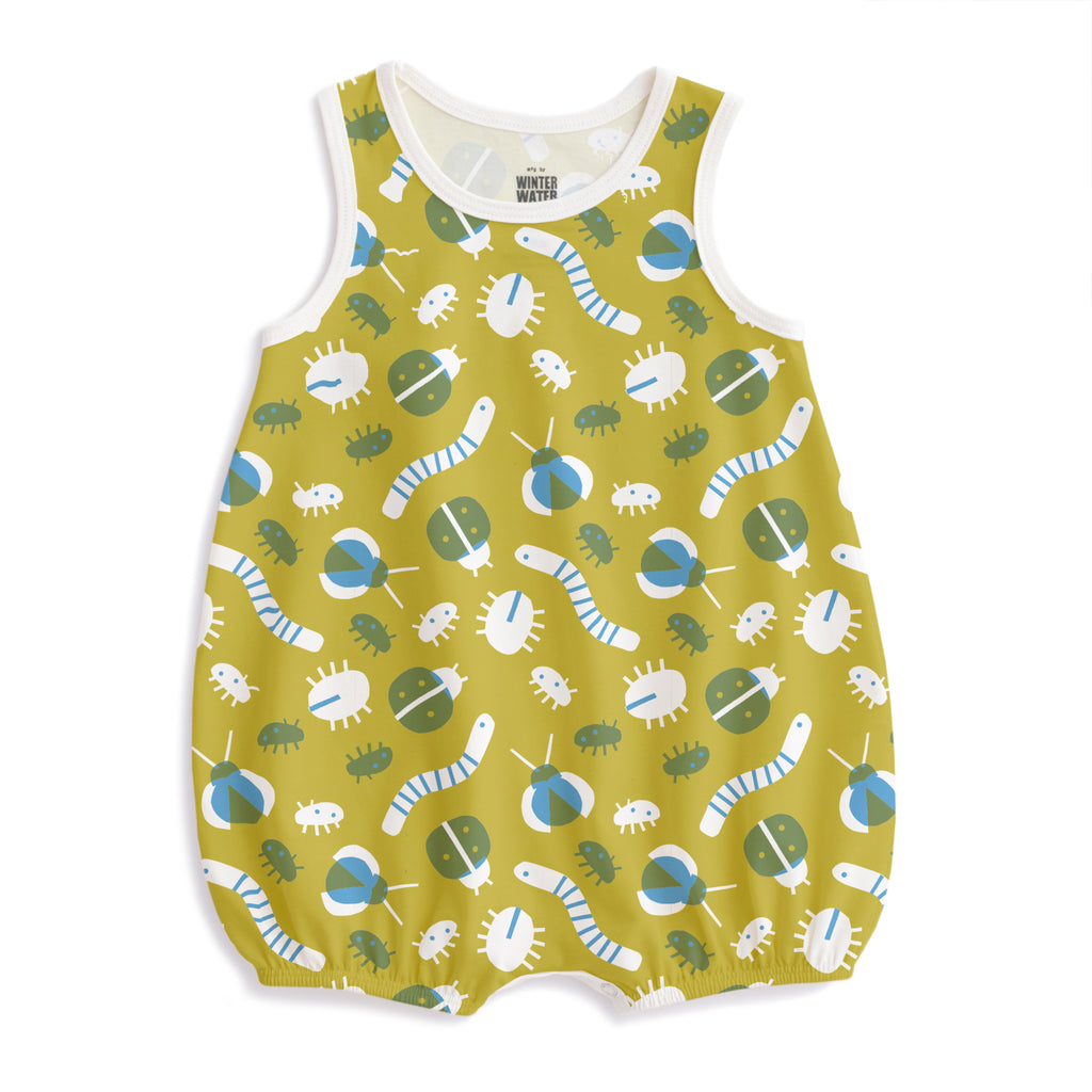 Bubble Romper - Busy Bugs Chartreuse & Blue