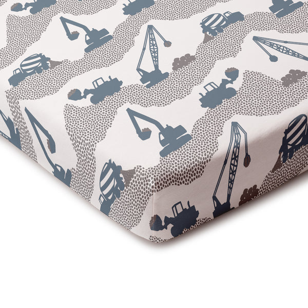 Fitted Crib Sheet - Construction Slate Blue & Grey