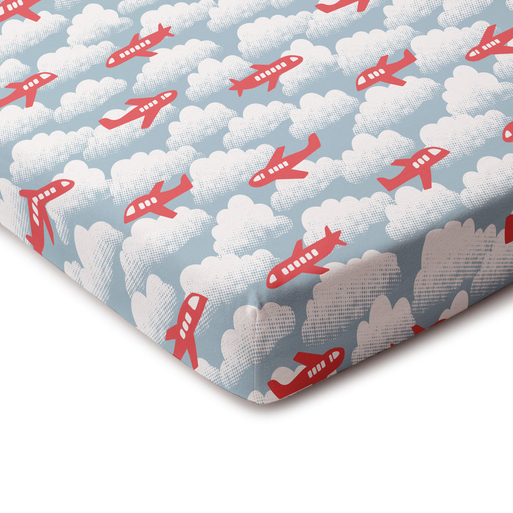 Fitted Crib Sheet - Airplanes Red & Blue