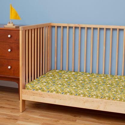 Fitted Crib Sheet - Busy Bugs Chartreuse & Blue