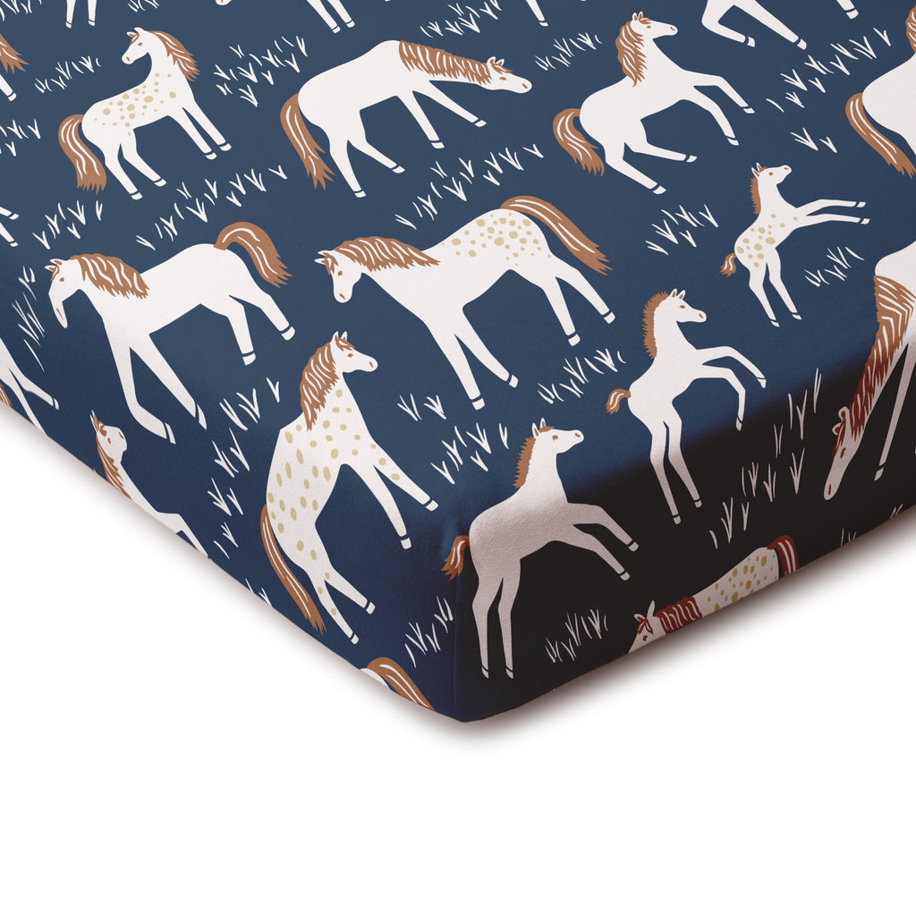 Fitted Crib Sheet - Horses Navy