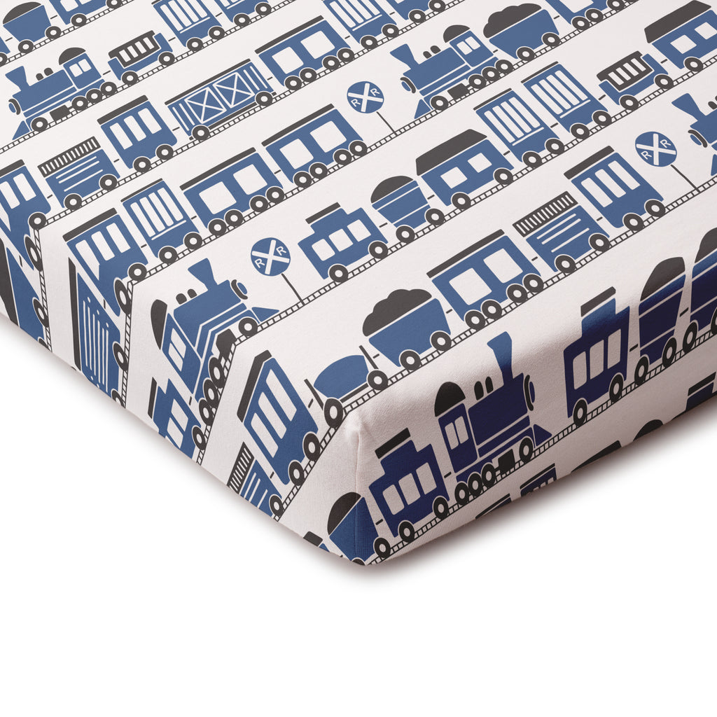 Fitted Crib Sheet - Trains Blue