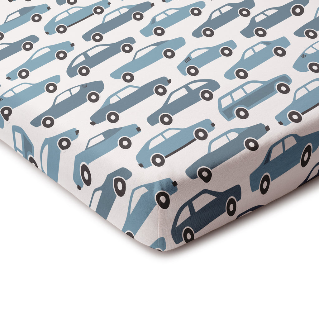 Fitted Crib Sheet - Vintage Cars Blue