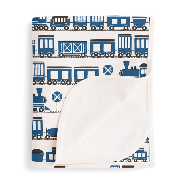 French Terry Blanket - Trains Blue