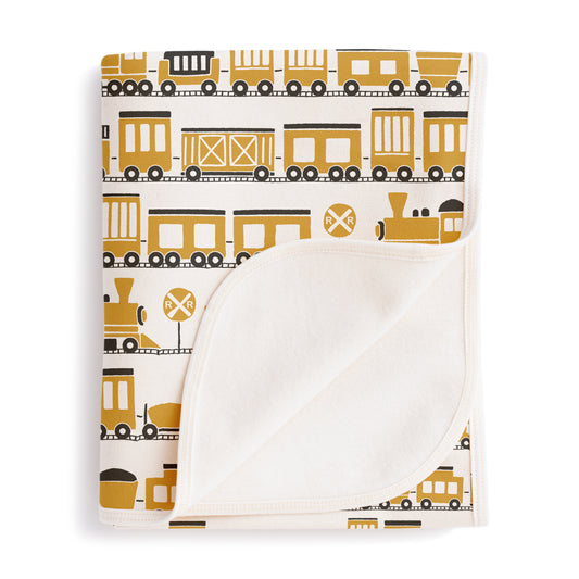 French Terry Blanket - Trains Ochre