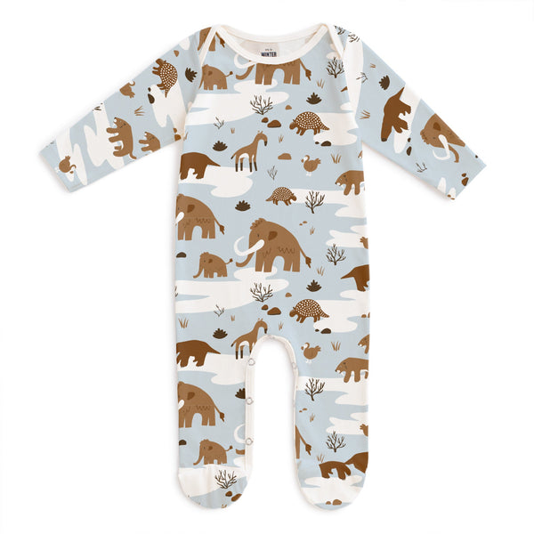 Footed Romper - Ice Age Animals Pale Blue