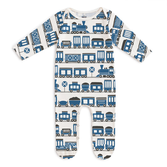 Footed Romper - Trains Blue