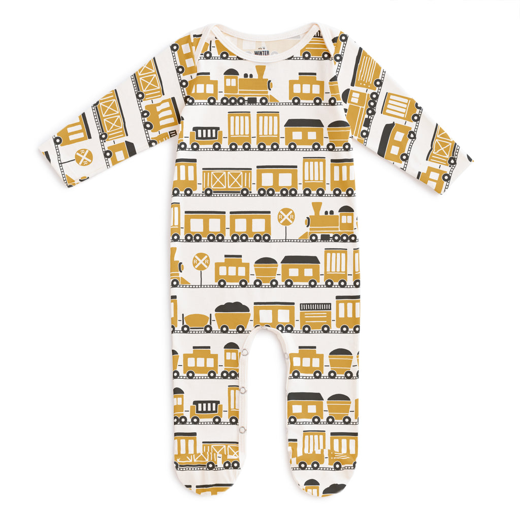 Footed Romper - Trains Ochre
