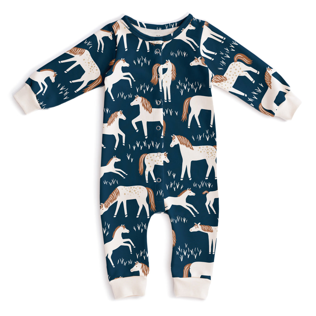French Terry Jumpsuit - Horses Navy