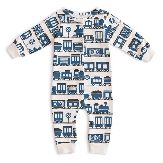 French Terry Jumpsuit - Trains Blue