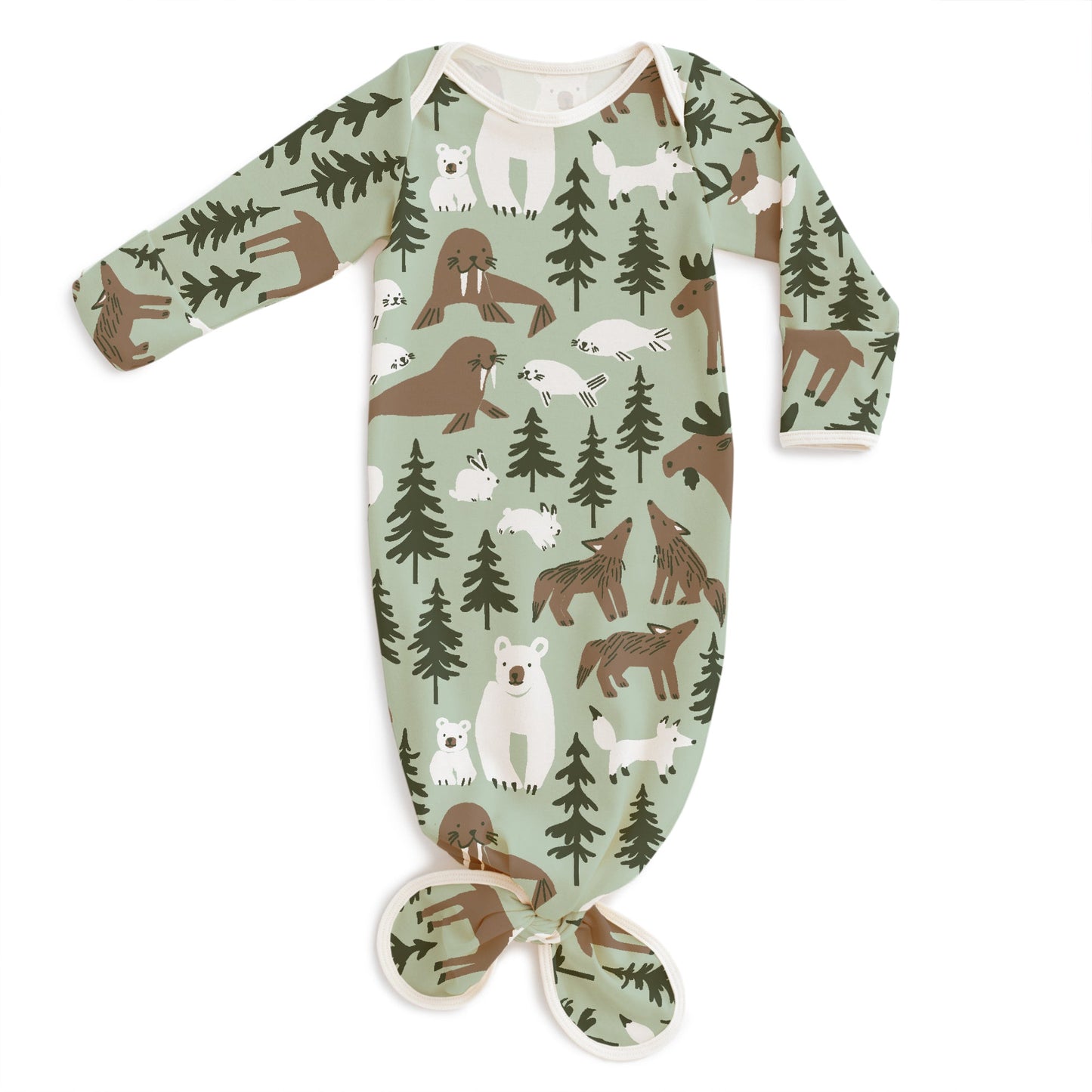Knotted Baby Gown - Northern Animals Pale Green