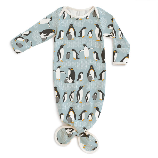 Knotted Baby Gown - Penguins Ice Blue