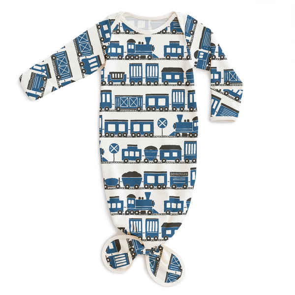 Knotted Baby Gown - Trains Blue
