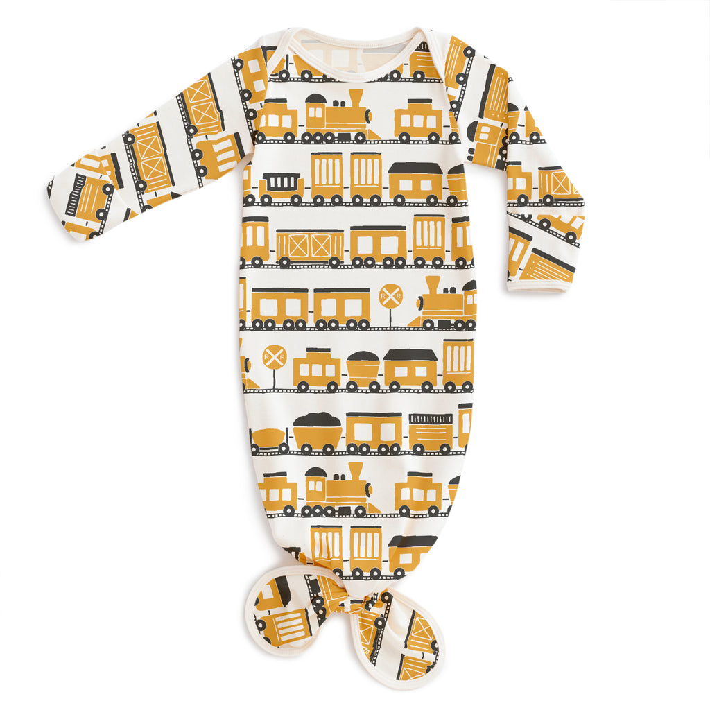 Knotted Baby Gown - Trains Ochre